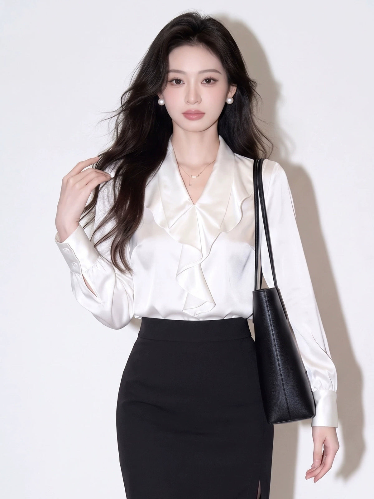 Women's V-Neck Satin Ruffle Pearl Shirt for Office Outfits Business Casual Streetwear Weekend Everyday