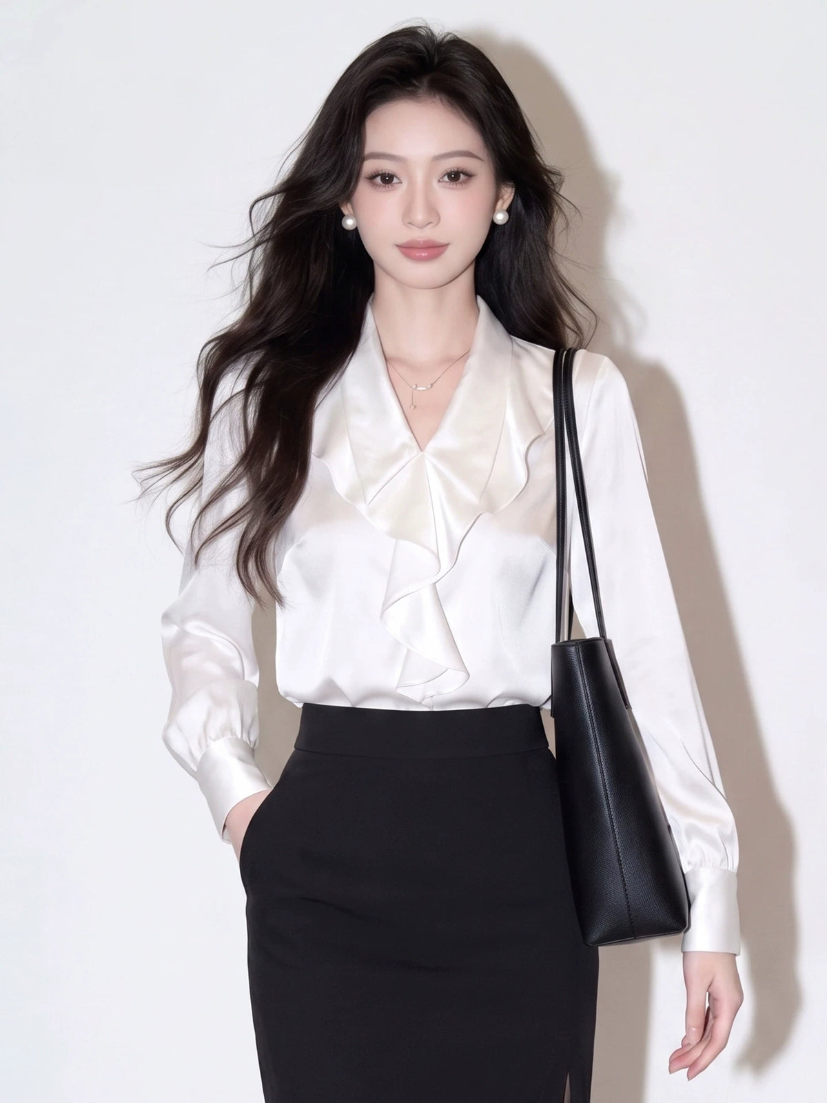 Women's V-Neck Satin Ruffle Pearl Shirt for Office Outfits Business Casual Streetwear Weekend Everyday