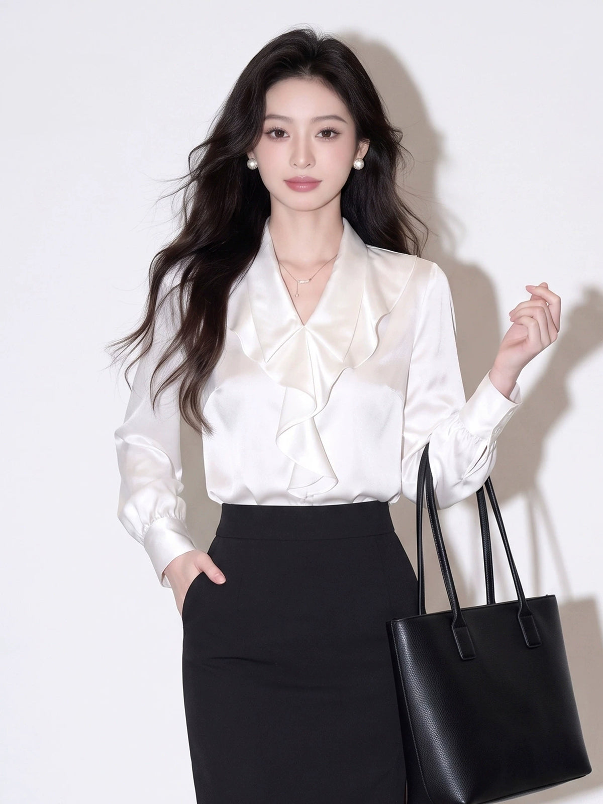 Women's V-Neck Satin Ruffle Pearl Shirt for Office Outfits Business Casual Streetwear Weekend Everyday