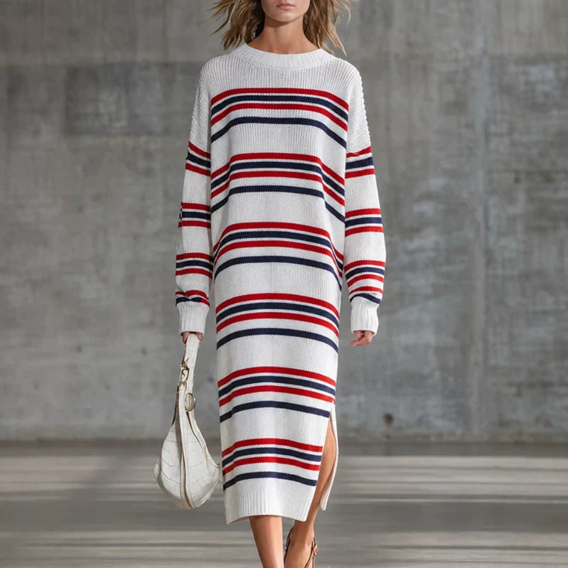 Women's Striped Maxi Long Sleeve Retro Clothing Fashion Outfit