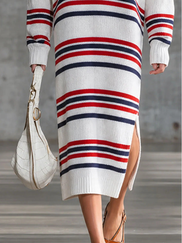 Women's Striped Maxi Long Sleeve Retro Clothing Fashion Outfit