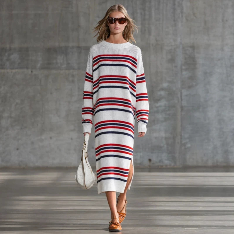 Women's Striped Maxi Long Sleeve Retro Clothing Fashion Outfit
