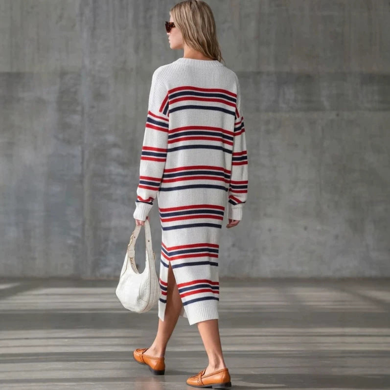 Women's Striped Maxi Long Sleeve Retro Clothing Fashion Outfit