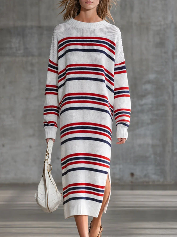 Women's Striped Maxi Long Sleeve Retro Clothing Fashion Outfit