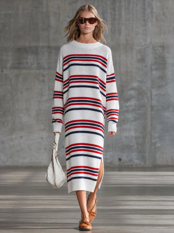 Women's Striped Maxi Long Sleeve Retro Clothing Fashion Outfit