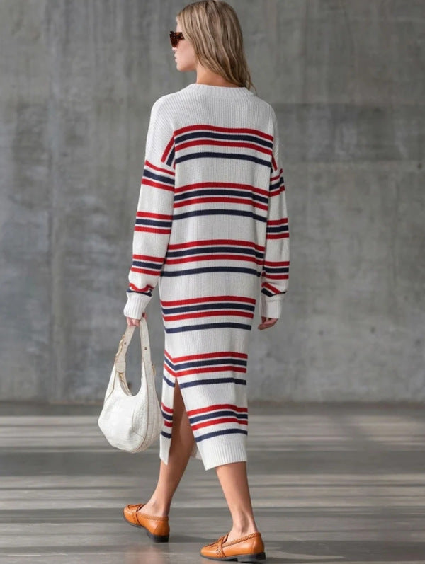 Women's Striped Maxi Long Sleeve Retro Clothing Fashion Outfit