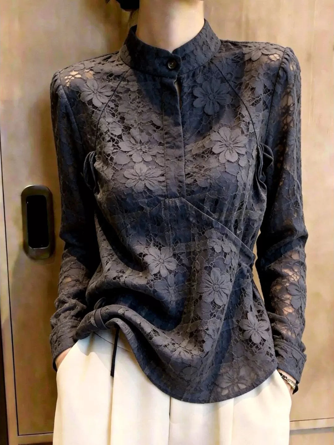 Women's Grey Lace Office Mandarin Collar Slim-fit French-inspired Workwear Shirt for Casual Streetwear Business Weekend Slimming Everyday Date Night
