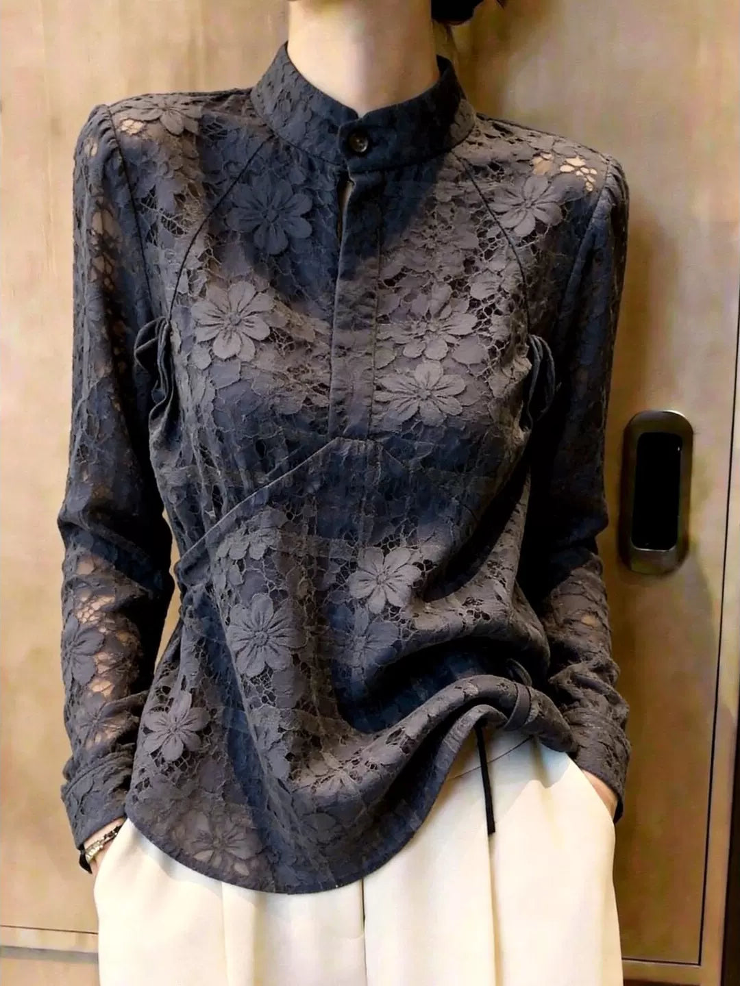 Women's Grey Lace Office Mandarin Collar Slim-fit French-inspired Workwear Shirt for Casual Streetwear Business Weekend Slimming Everyday Date Night