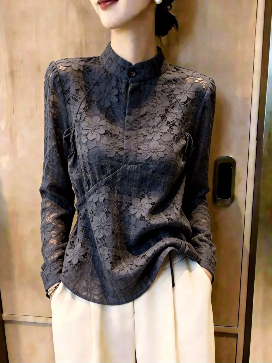 Women's Grey Lace Office Mandarin Collar Slim-fit French-inspired Workwear Shirt for Casual Streetwear Business Weekend Slimming Everyday Date Night