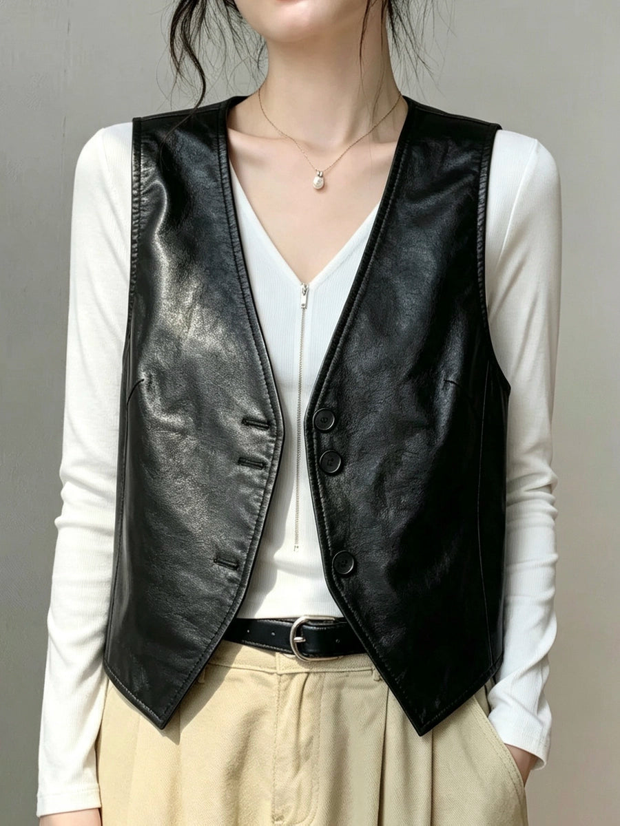 Women's V-neck Vest Black Leather Slim-fit Cropped Retro for Date Night Holiday Party Spring Summer Slimming