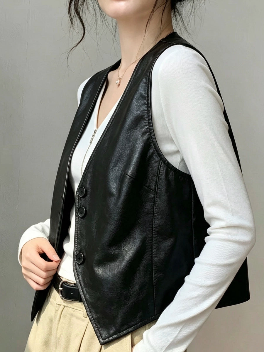 Women's V-neck Vest Black Leather Slim-fit Cropped Retro for Date Night Holiday Party Spring Summer Slimming