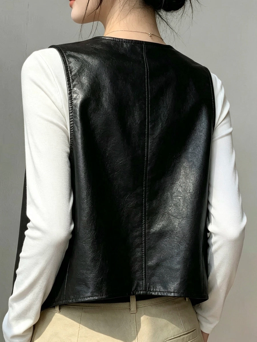 Women's V-neck Vest Black Leather Slim-fit Cropped Retro for Date Night Holiday Party Spring Summer Slimming