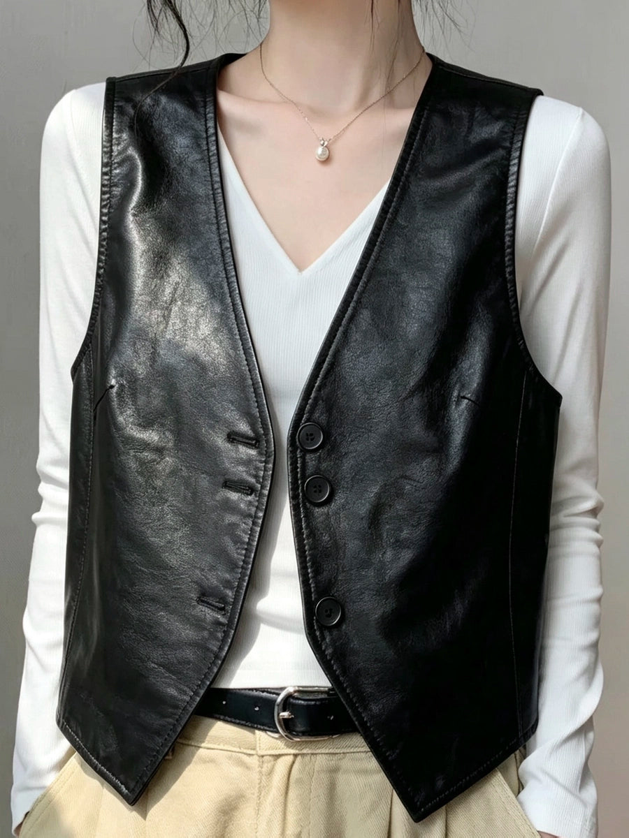 Women's V-neck Vest Black Leather Slim-fit Cropped Retro for Date Night Holiday Party Spring Summer Slimming
