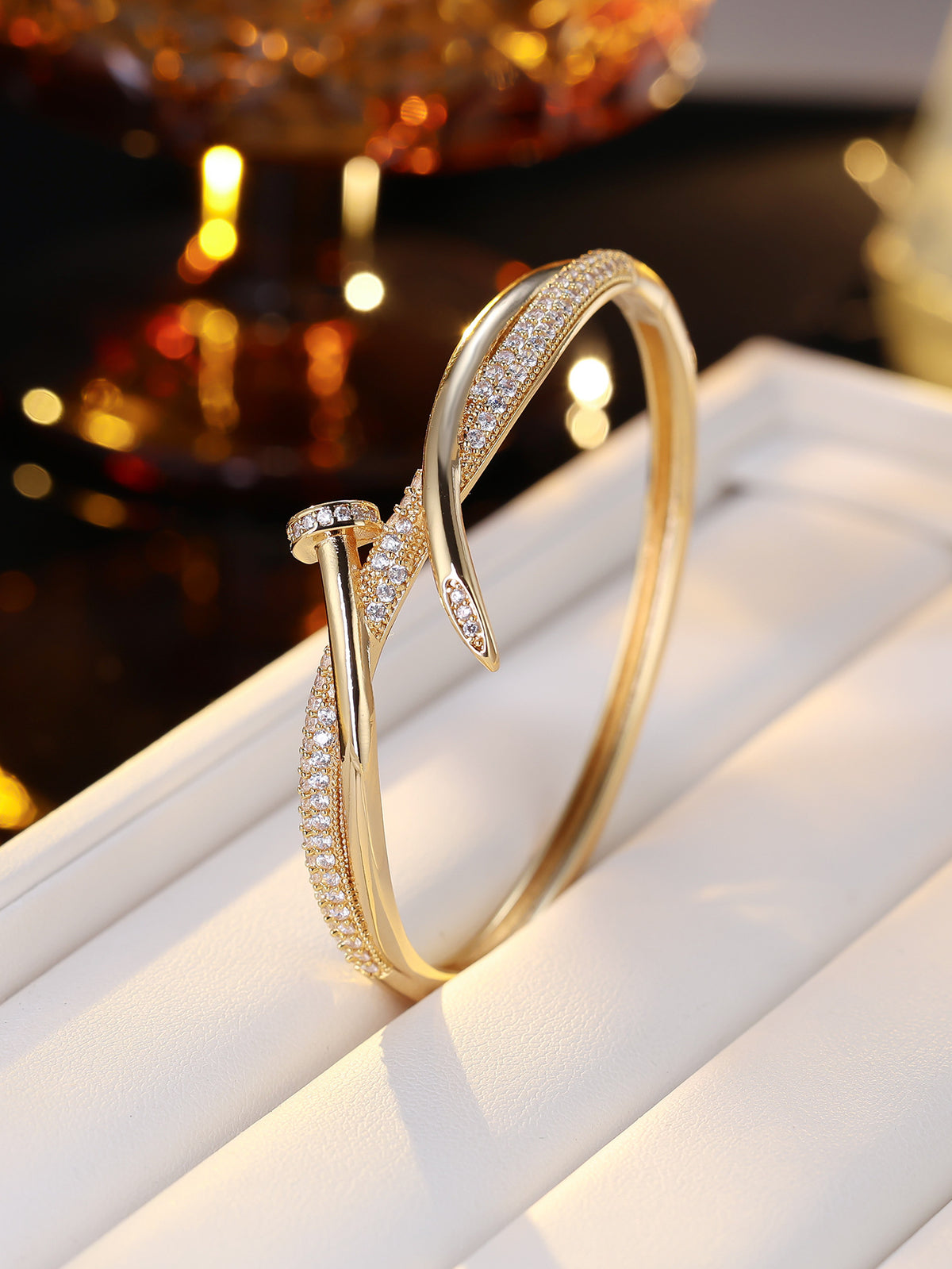 Gold cubic zirconia cuff bracelet by Yoshan, view 3