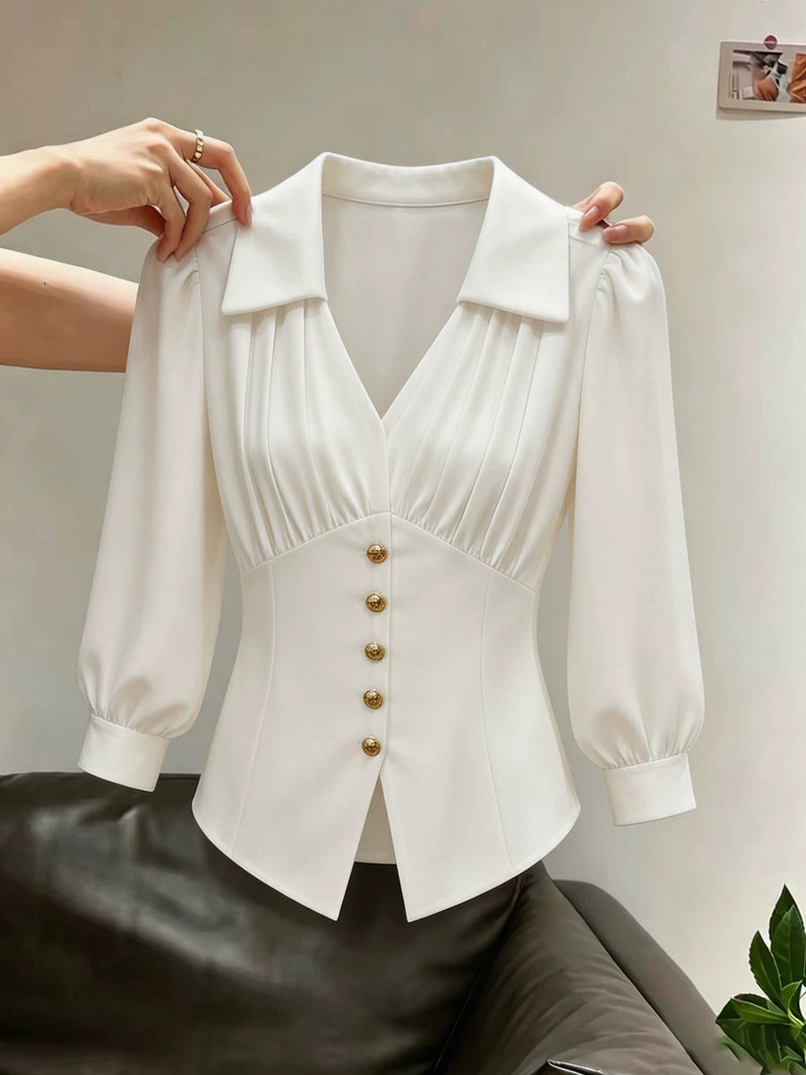 Women's V-neck Slim-waist White Puff Sleeve Office Slim-fit French-inspired Shirt for Casual Streetwear Business Weekend Slimming Everyday