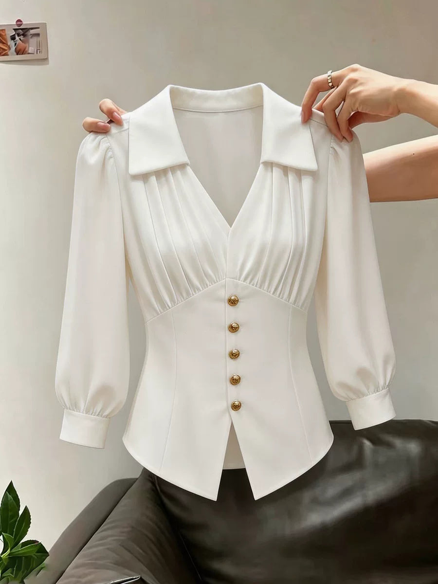 Women's V-neck Slim-waist White Puff Sleeve Office Slim-fit French-inspired Shirt for Casual Streetwear Business Weekend Slimming Everyday