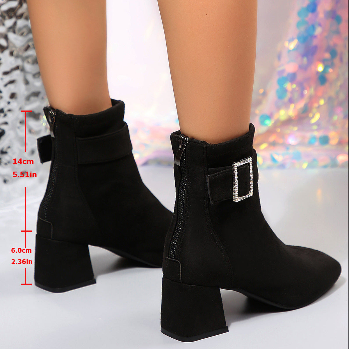 Women's Fall Winter Black Square Toe Block Heel Plus Size Slim-Fit Ankle Boots Walking