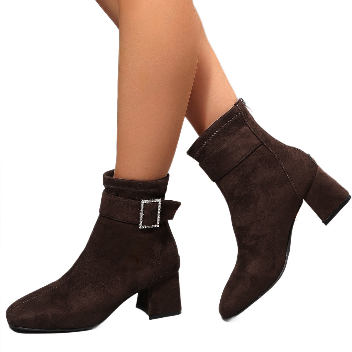 Women's Fall Winter Black Square Toe Block Heel Plus Size Slim-Fit Ankle Boots Walking