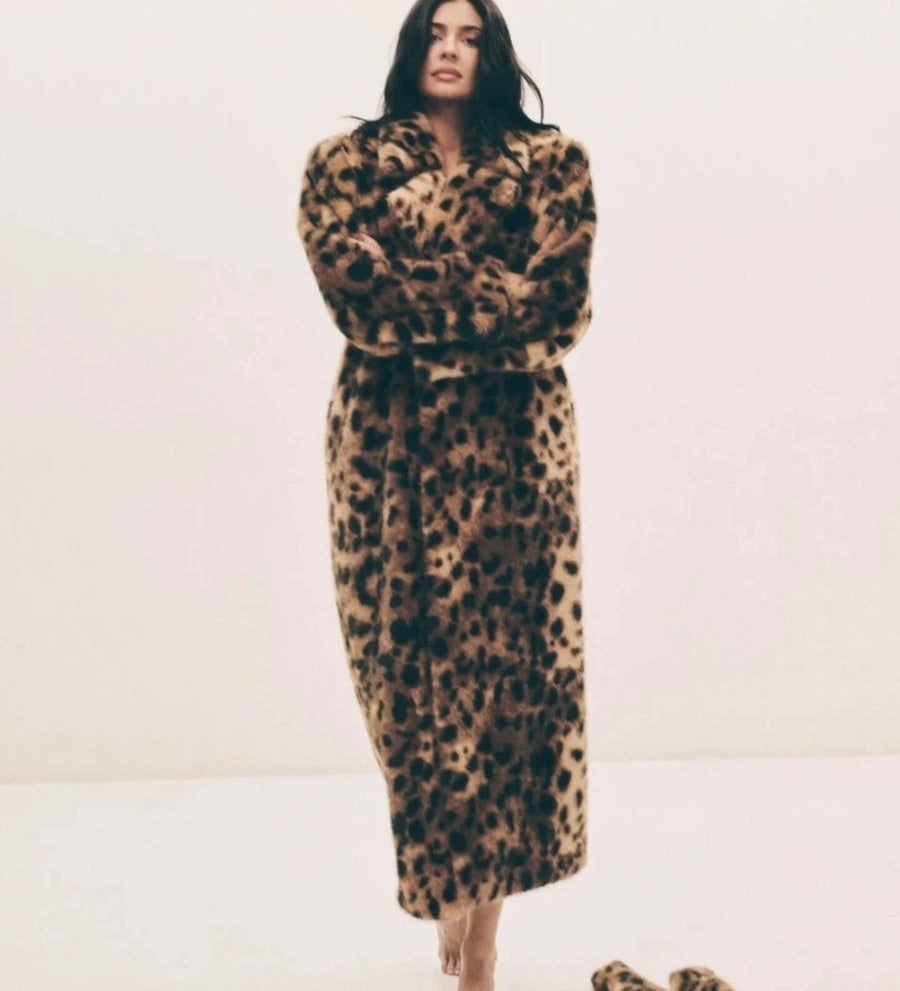 Women's Longline Lapel Leopard Fleece-Lined Lace-Up Trench Coat for Fall Layering Travel Office Holiday Date Night