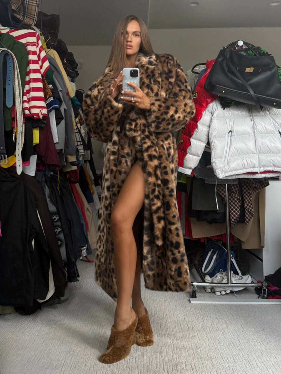 Women's Longline Lapel Leopard Fleece-Lined Lace-Up Trench Coat for Fall Layering Travel Office Holiday Date Night