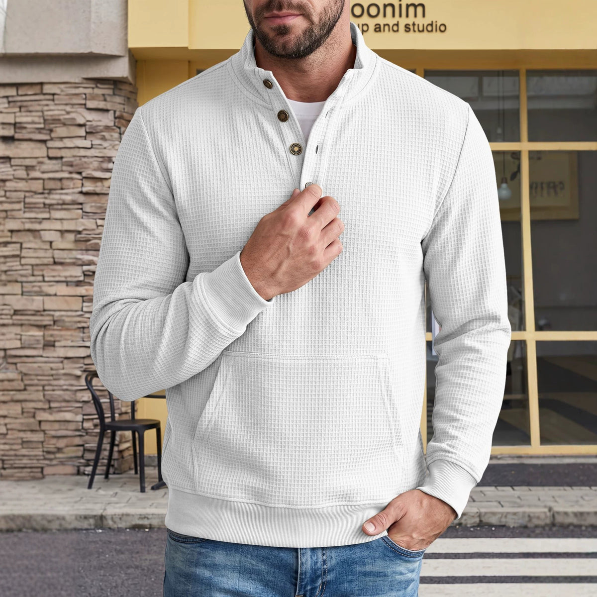 Men's Mandarin Collar Long Sleeve Casual Hoodie Sweatshirt Pullover Travel Weekend