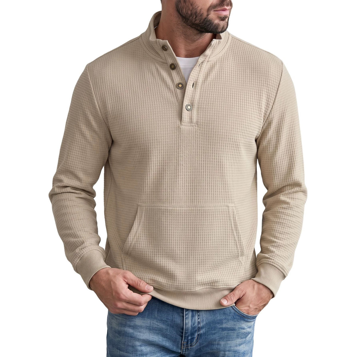 Men's Mandarin Collar Long Sleeve Casual Hoodie Sweatshirt Pullover Travel Weekend