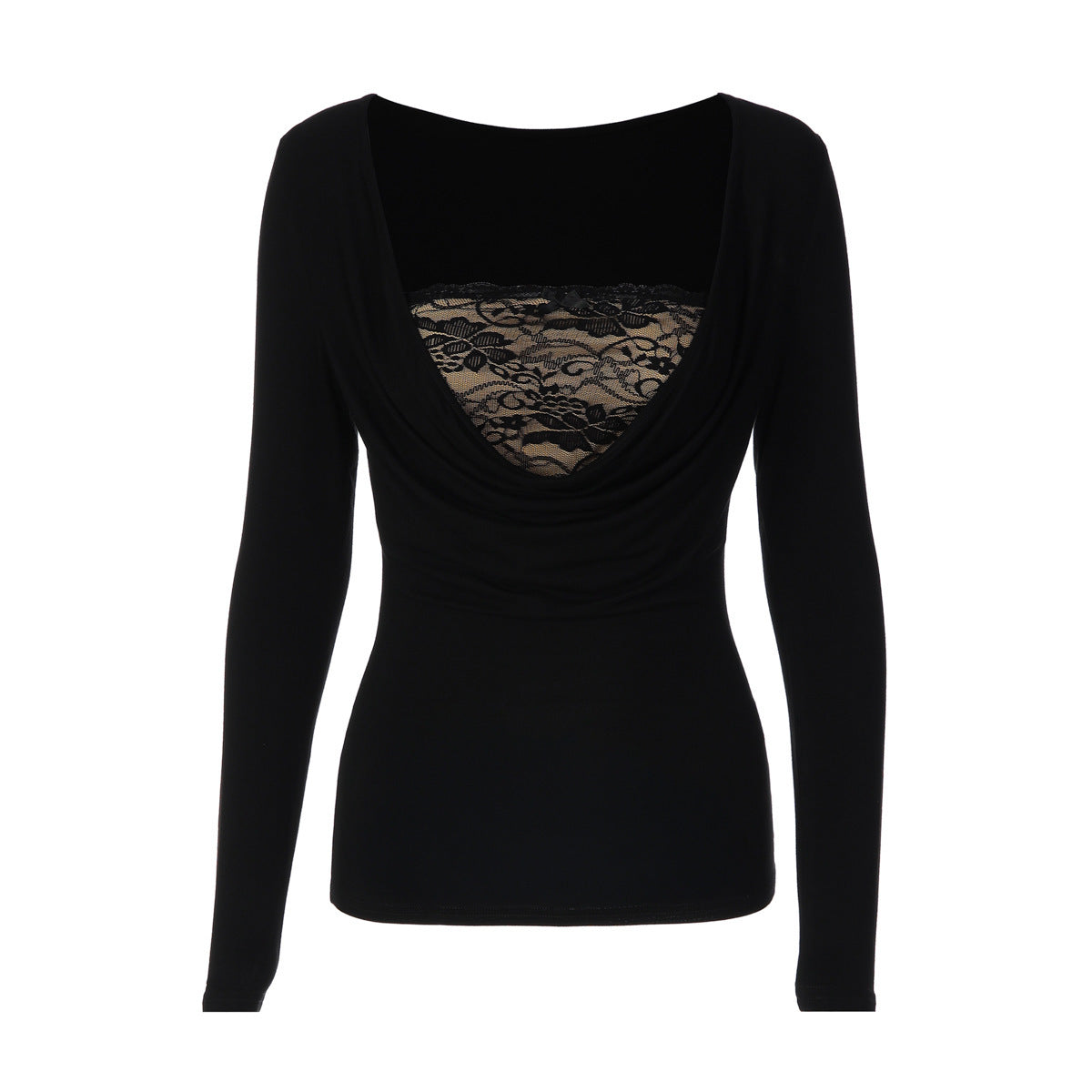 Women's Waist-defining Slim-waist Lace Open-back Slim-fit Long Sleeve Waist-cinching Cowl-neck Korean-style Two-piece Set for Office Workwear Slimming