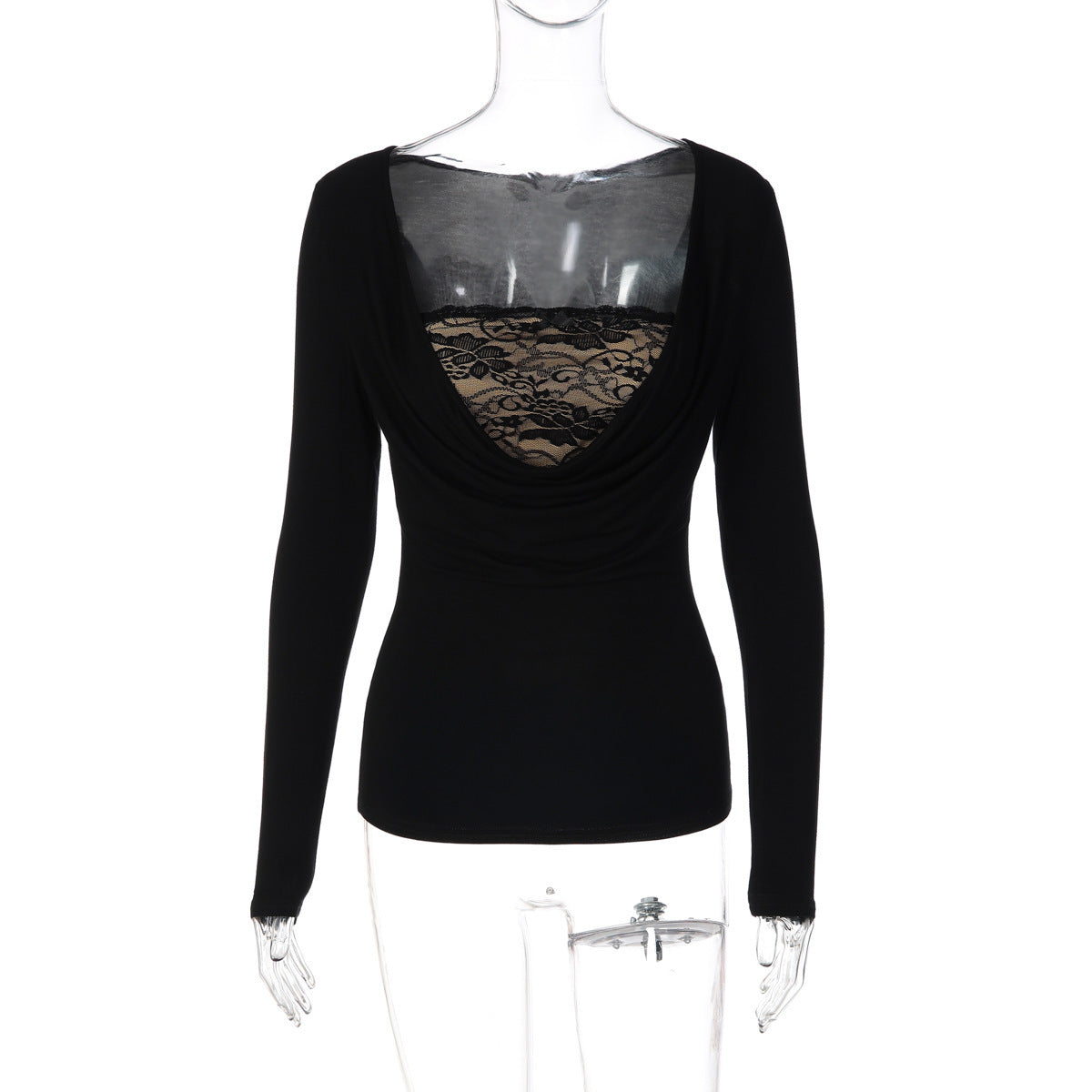 Women's Waist-defining Slim-waist Lace Open-back Slim-fit Long Sleeve Waist-cinching Cowl-neck Korean-style Two-piece Set for Office Workwear Slimming