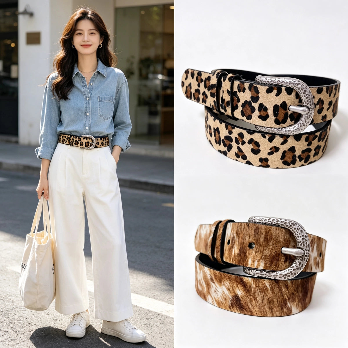 Women's Waist-Defining Hammered Fall Winter Slim-Waist Leopard Waist-Cinching Retro Everyday Jeans Belt Gift Party
