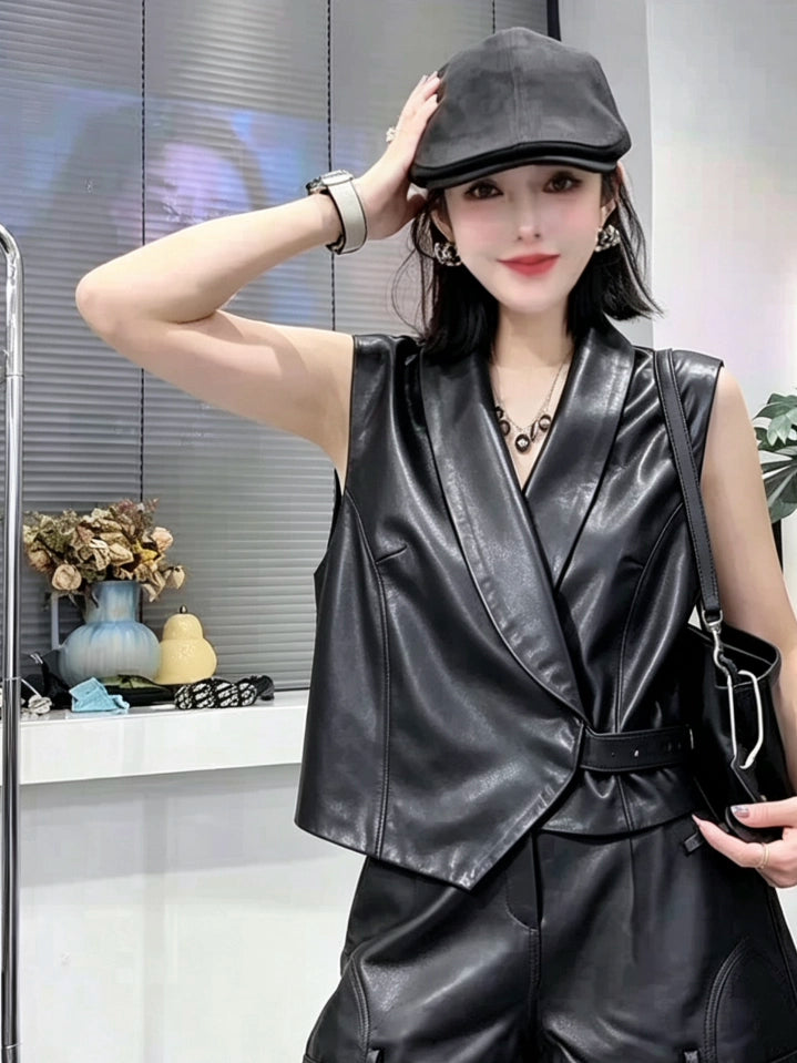 Women's Vest Slim-waist Black Lapel Office Leather Slim-fit Workwear for Date Night Holiday Party Spring Summer Slimming