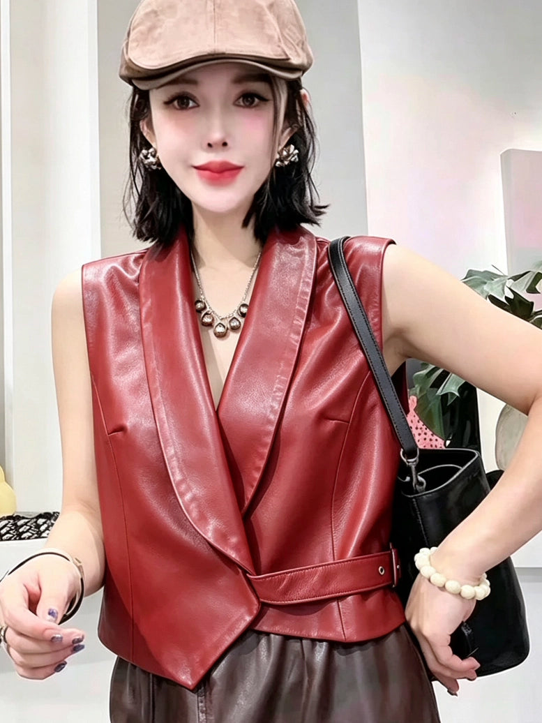 Women's Vest Slim-waist Black Lapel Office Leather Slim-fit Workwear for Date Night Holiday Party Spring Summer Slimming