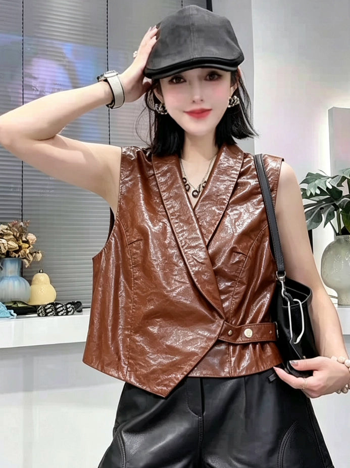 Women's Vest Slim-waist Black Lapel Office Leather Slim-fit Workwear for Date Night Holiday Party Spring Summer Slimming