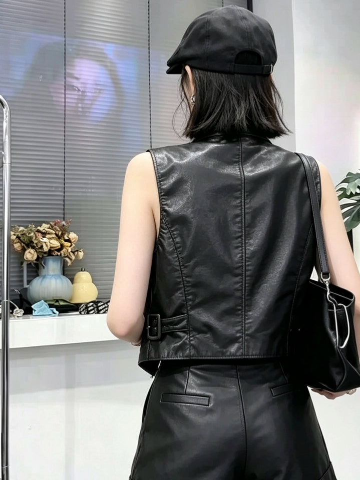 Women's Vest Slim-waist Black Lapel Office Leather Slim-fit Workwear for Date Night Holiday Party Spring Summer Slimming