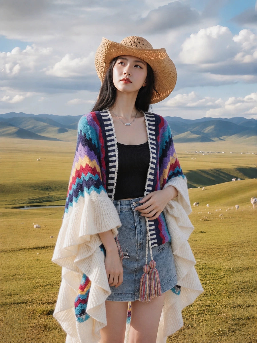 Women's Ethnic Boho Knit Shawl for Office and Travel Evening Gift Everyday Wear Seasonal Look Holiday Gift