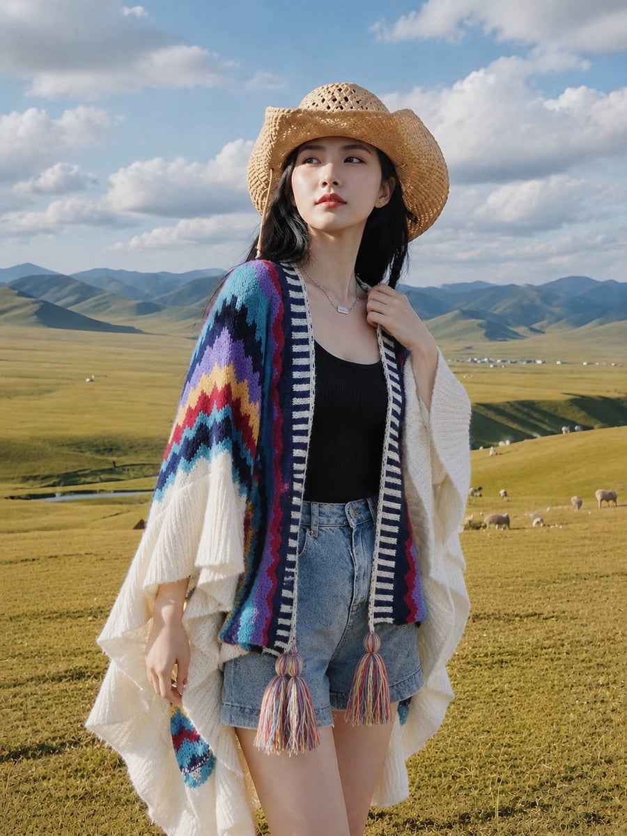 Women's Ethnic Boho Knit Shawl for Office and Travel Evening Gift Everyday Wear Seasonal Look Holiday Gift