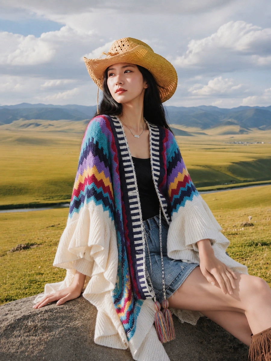 Women's Ethnic Boho Knit Shawl for Office and Travel Evening Gift Everyday Wear Seasonal Look Holiday Gift
