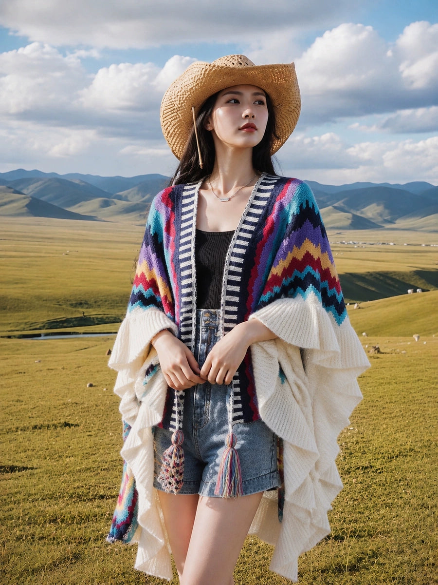 Women's Ethnic Boho Knit Shawl for Office and Travel Evening Gift Everyday Wear Seasonal Look Holiday Gift