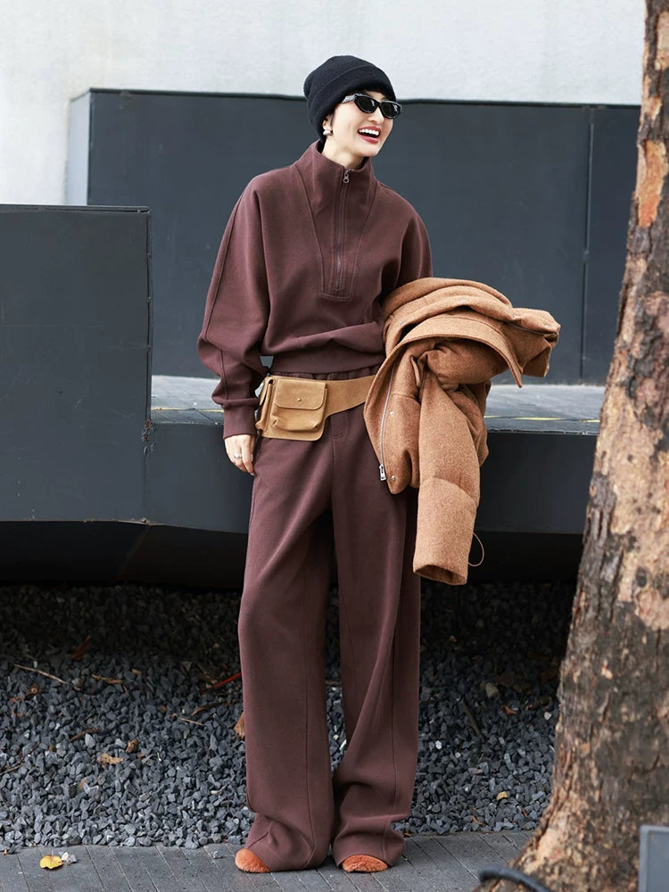 Women's Half-Zip Brown Workwear Long Sleeve Two-Piece Set for Wedding Guest Office Business Casual Travel Weekend At Home
