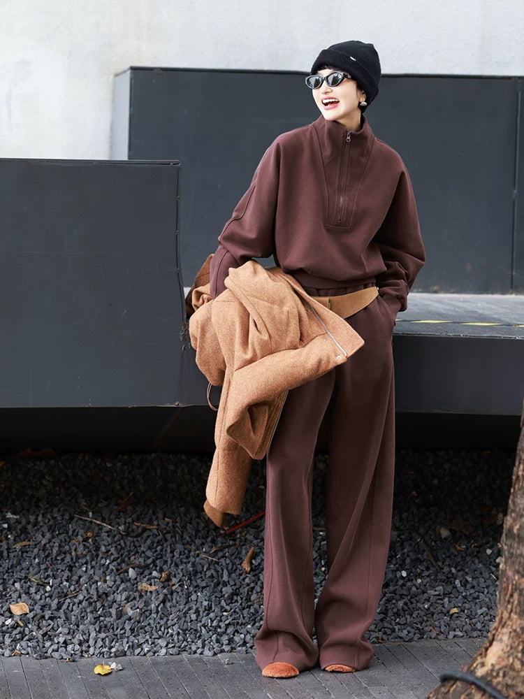 Women's Half-Zip Brown Workwear Long Sleeve Two-Piece Set for Wedding Guest Office Business Casual Travel Weekend At Home