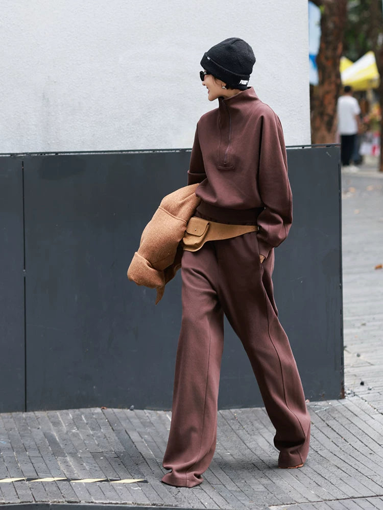 Women's Half-Zip Brown Workwear Long Sleeve Two-Piece Set for Wedding Guest Office Business Casual Travel Weekend At Home