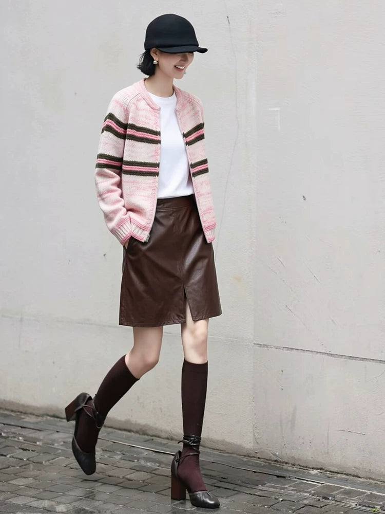 Women's Pink Brown Knit Zip Two-Piece Set for Office Workwear Wedding Guest Business Casual Travel Weekend At Home