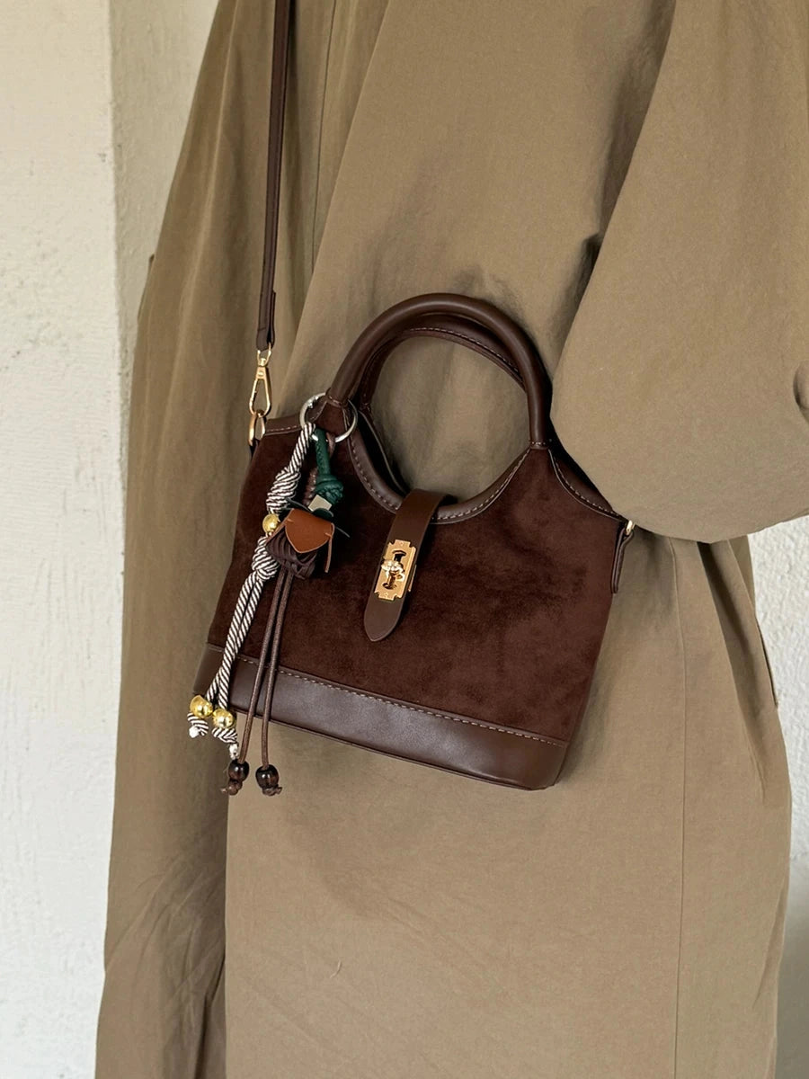 Women's Frosted Fall Winter Suede-look Retro Bucket Bag Drawstring Shoulder Purse Work Travel Everyday Purse
