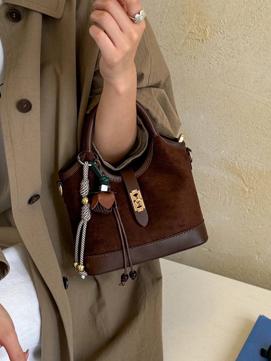 Women's Frosted Fall Winter Suede-look Retro Bucket Bag Drawstring Shoulder Purse Work Travel Everyday Purse