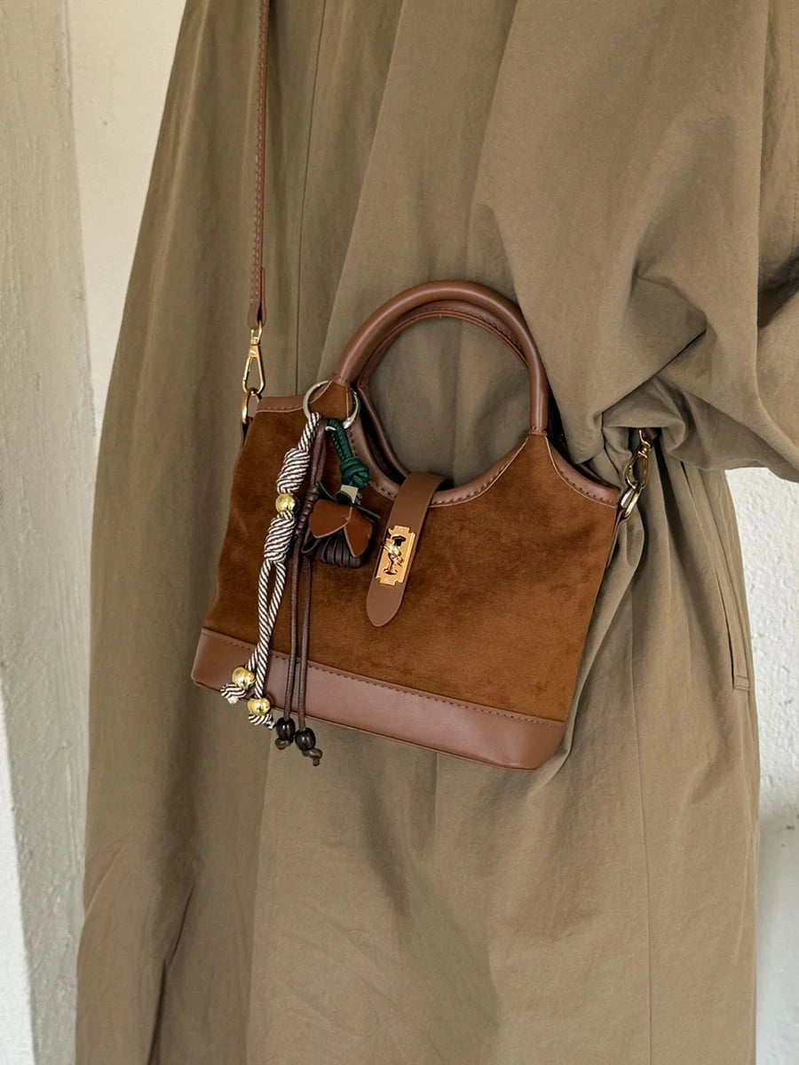 Women's Frosted Fall Winter Suede-look Retro Bucket Bag Drawstring Shoulder Purse Work Travel Everyday Purse