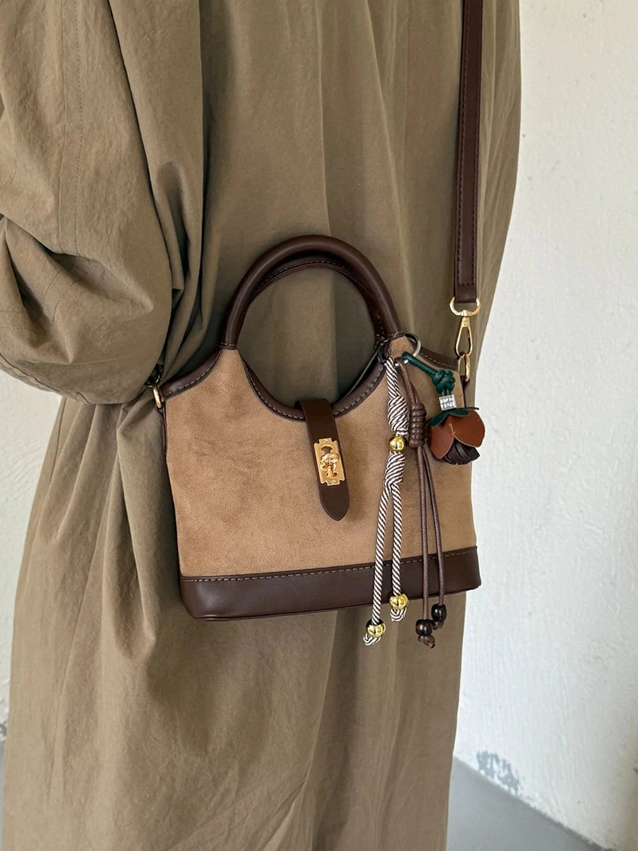 Women's Frosted Fall Winter Suede-look Retro Bucket Bag Drawstring Shoulder Purse Work Travel Everyday Purse