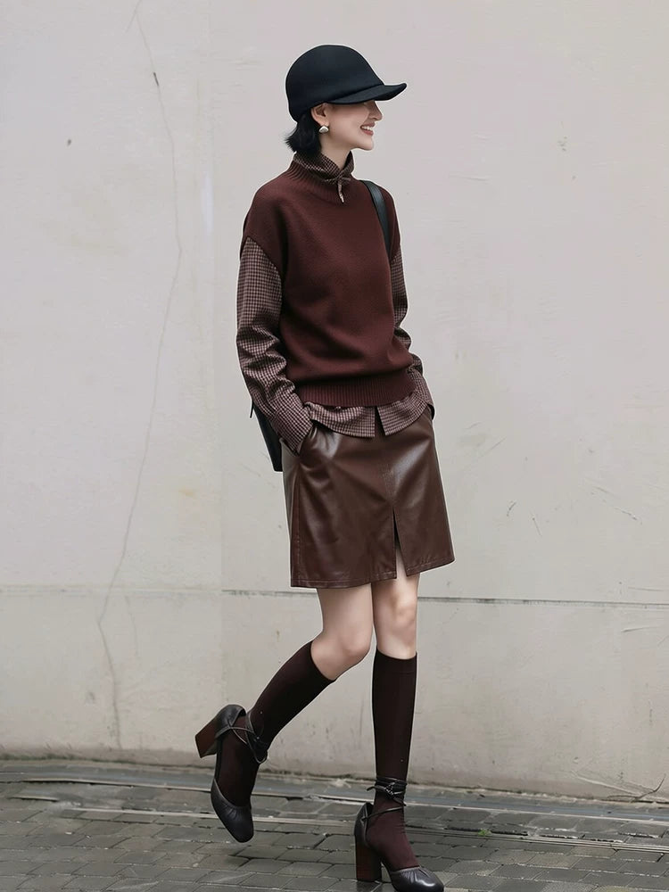 Women's Brown Leather-Look Three-Piece Set Outfit for Office Workwear Wedding Guest Business Casual Travel Weekend At Home