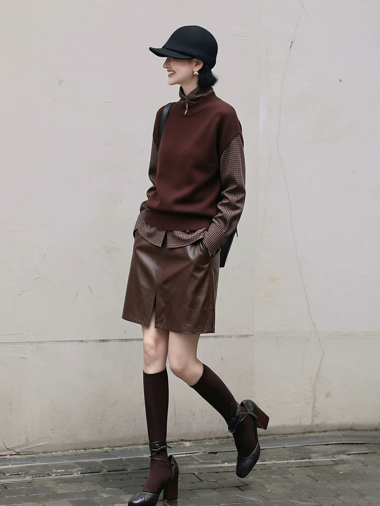 Women's Brown Leather-Look Three-Piece Set Outfit for Office Workwear Wedding Guest Business Casual Travel Weekend At Home