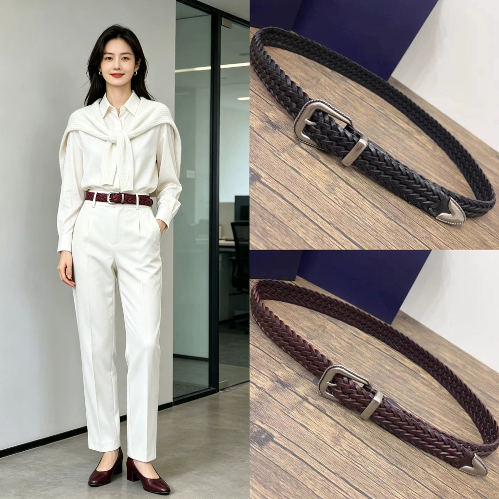 Women's Pin Buckle Woven Handcrafted Oxidized Leather Retro Casual Waist Belt for Date Night Gift Party Versatile Designer Office Everyday