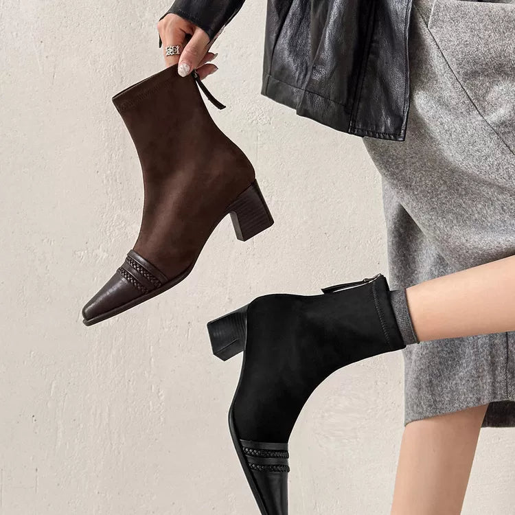 Women's Frosted Winter Brown Leather Suede Square Toe Block Heel Slim-Fit Korean-Style Slim Ankle Boots Fall for Office and Weekend Streetwear Everyday Wear