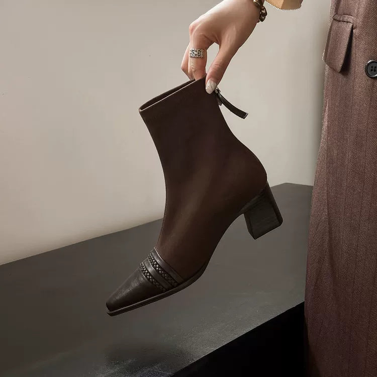 Women's Frosted Winter Brown Leather Suede Square Toe Block Heel Slim-Fit Korean-Style Slim Ankle Boots Fall for Office and Weekend Streetwear Everyday Wear